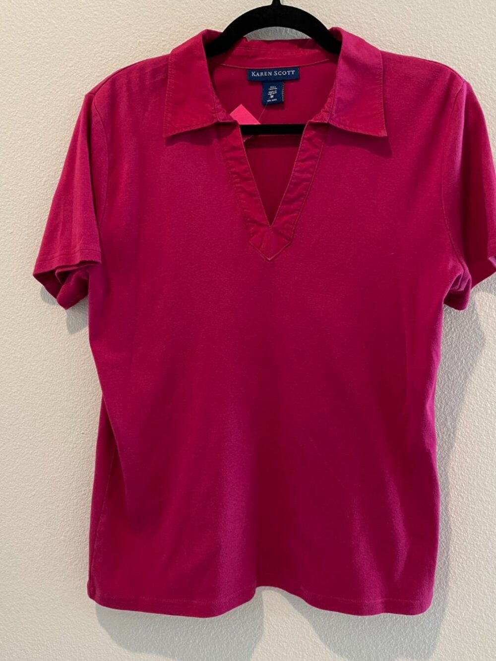 Karen Scott Women Polo Shirt Collared V-Neck Magenta Pink Medium Cotton